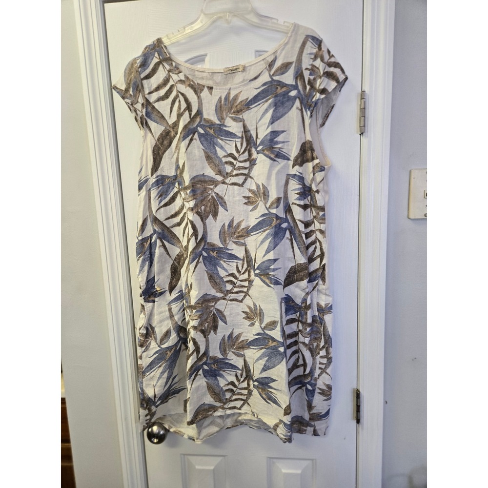 Lungo Larno Italy Linen Tropical Bird of Paradise‎ Shift Dress Blue Brown 1X